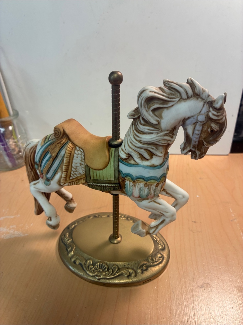 White and Gold Carousel Horse Sculpture with Teal Accents